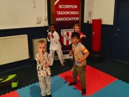 A group of young children are standing in front of the Scorpion Taekwondo banner recreating martial art moves.